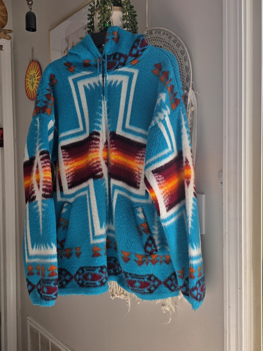 Turquoise Aztec Zip Hoodie Sweater -  XL